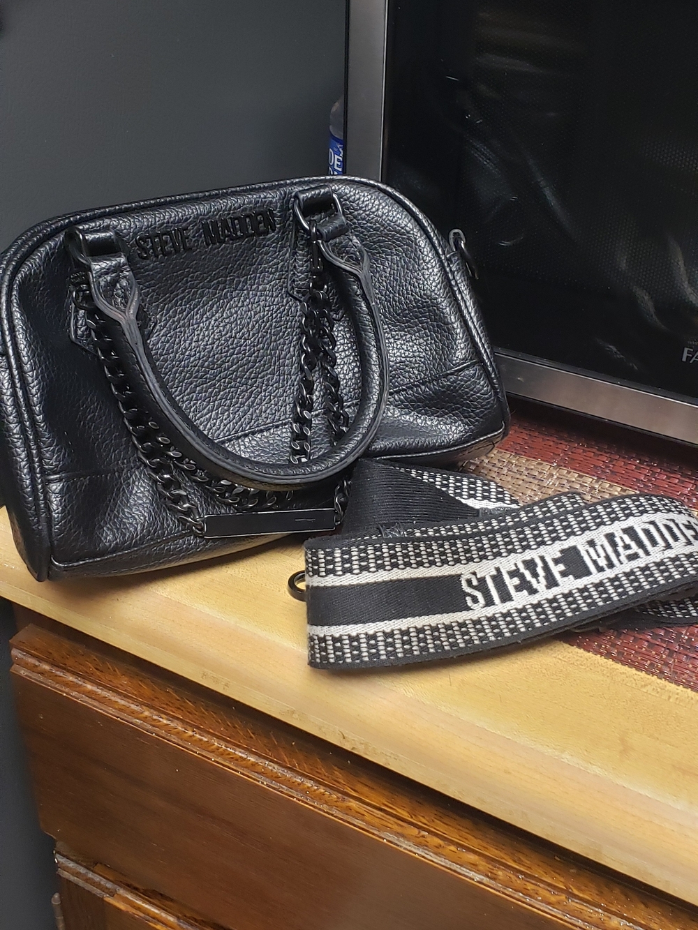 Steve Madden Black Leather Satchel with Branded Strap